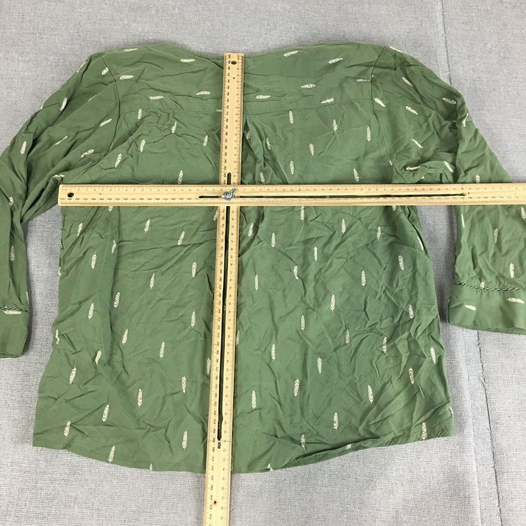 Rare Roots Womens Top Size L Green Floral Long Sleeve Button-Up Shirt