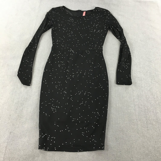 Blossom Womens Bodycon Dress Size 10 Black Dot Long Sleeve Mini