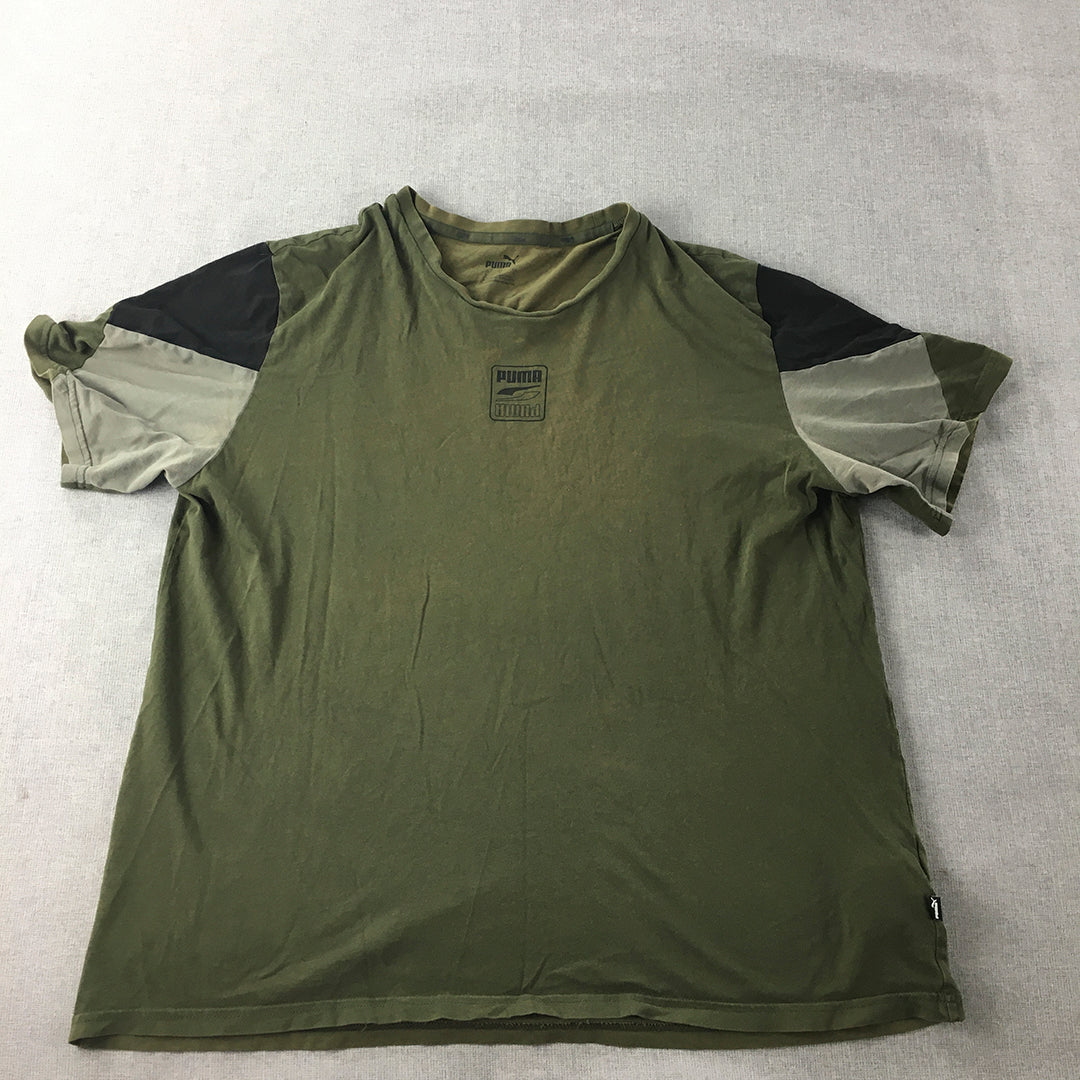 Puma Mens T-Shirt Size L Khaki Green Logo Crew Neck Short Sleeve Tee