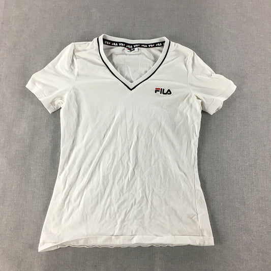 FILA Womens T-Shirt Size M White Embroidered Logo V-Neck Top