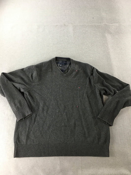 Tommy Hilfiger Mens Knit Sweater Size XL Grey V-Neck Logo Pullover Jumper