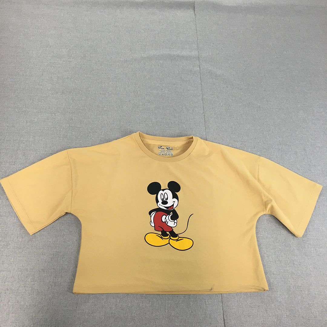 Disney Mickey Mouse Womens Cropped Top Size L Yellow Short Sleeve T-Shirt