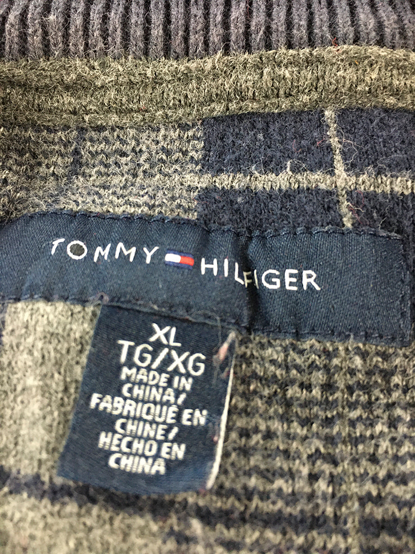 Tommy Hilfiger Mens Knit Sweater Size XL Grey V-Neck Logo Pullover Jumper