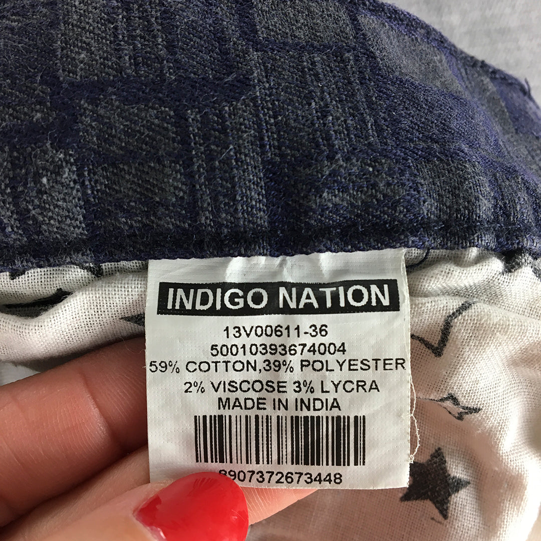 Indigo Nation Mens Chino Shorts Size 36 Slim Fit Blue Grey Geometric Pattern