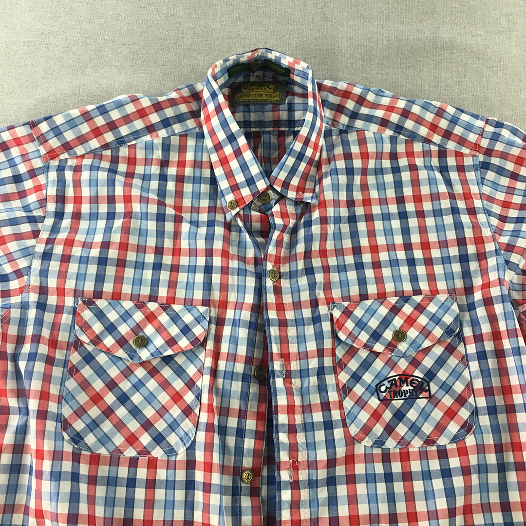 Camel Mens Shirt Size XL Blue White Red Checkered Button-Up Outdoor