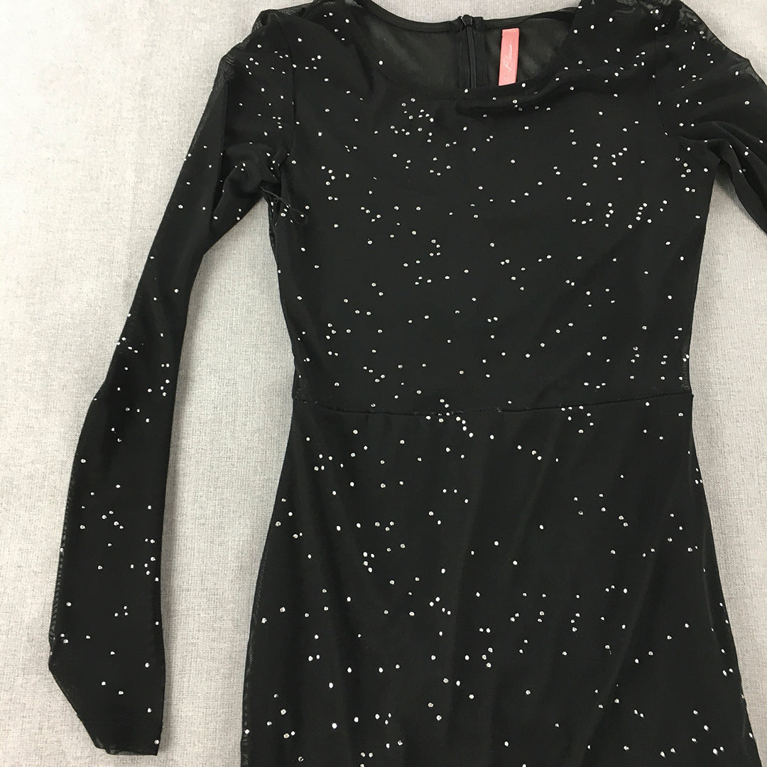 Blossom Womens Bodycon Dress Size 10 Black Dot Long Sleeve Mini