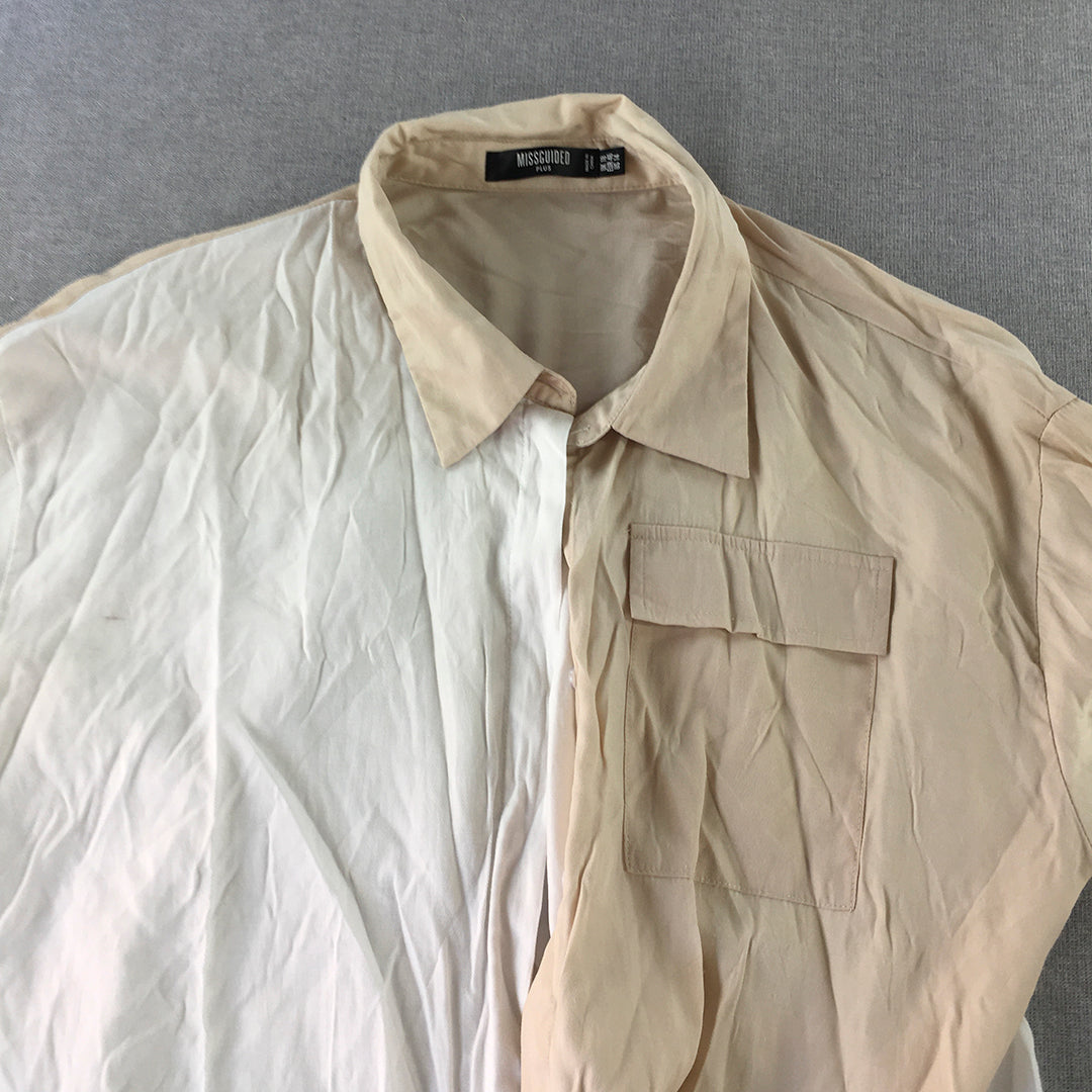 Missguided Plus Womens Shirt Size 18 White Brown Pocket Button-Up Long Sleeve