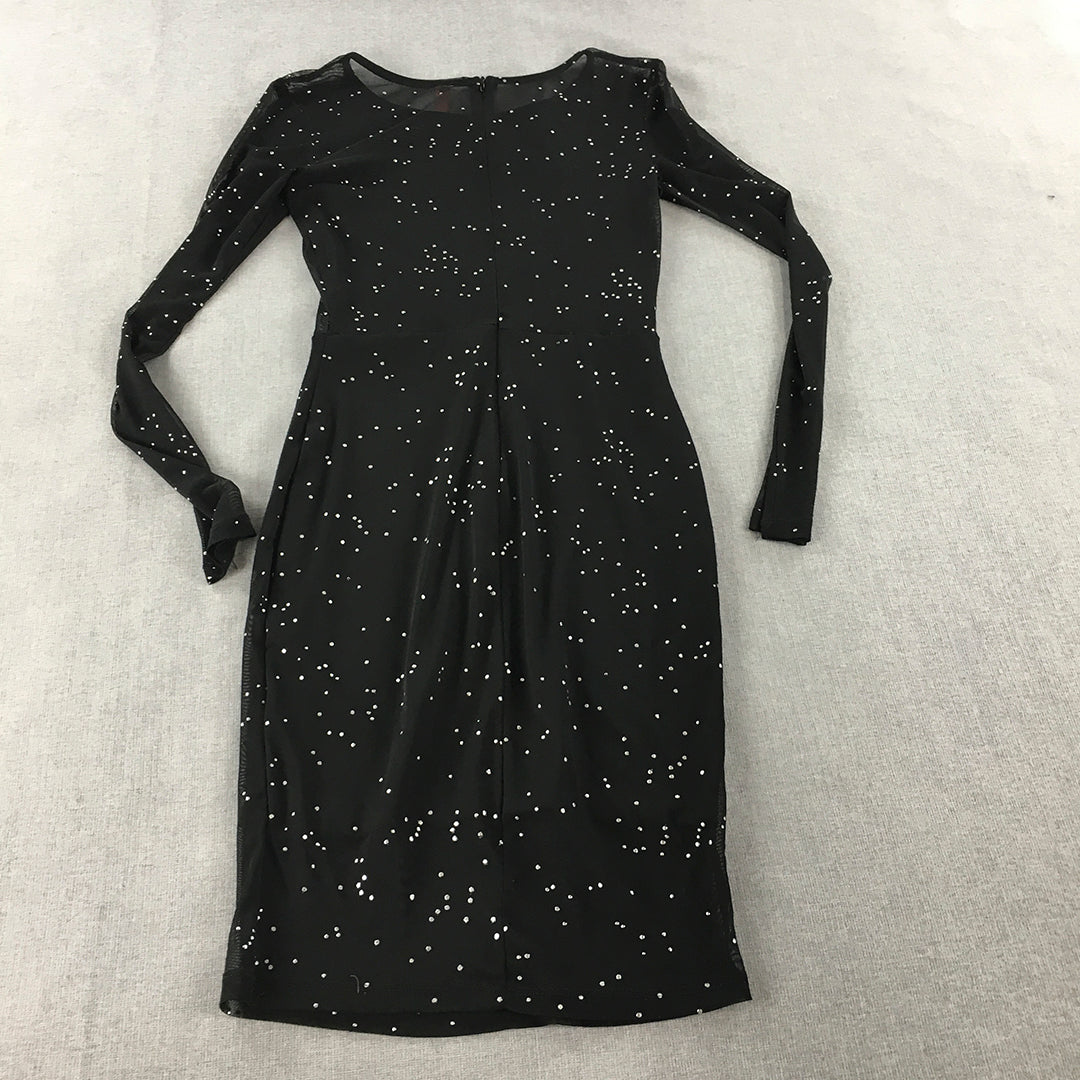 Blossom Womens Bodycon Dress Size 10 Black Dot Long Sleeve Mini