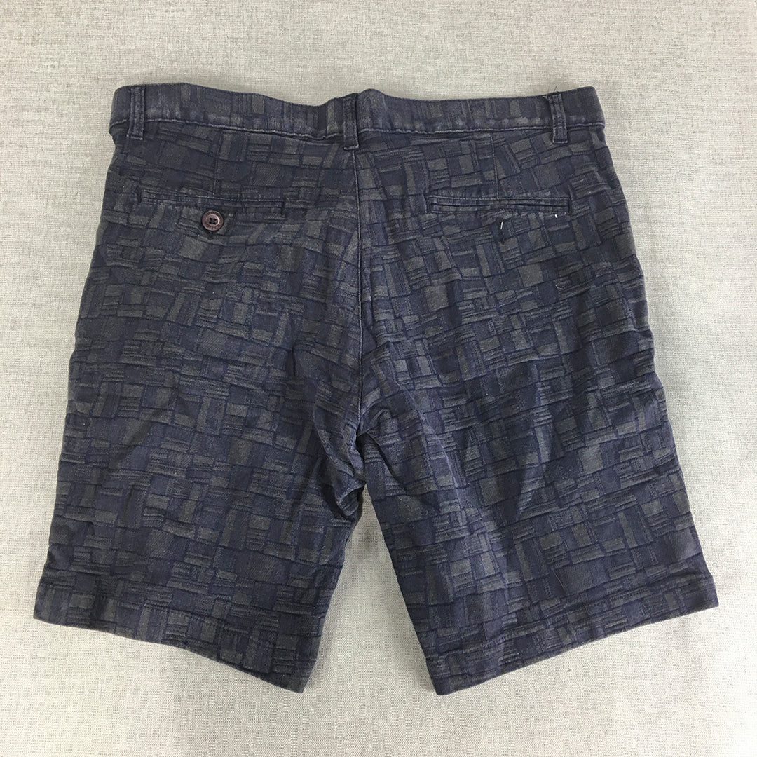 Indigo Nation Mens Chino Shorts Size 36 Slim Fit Blue Grey Geometric Pattern