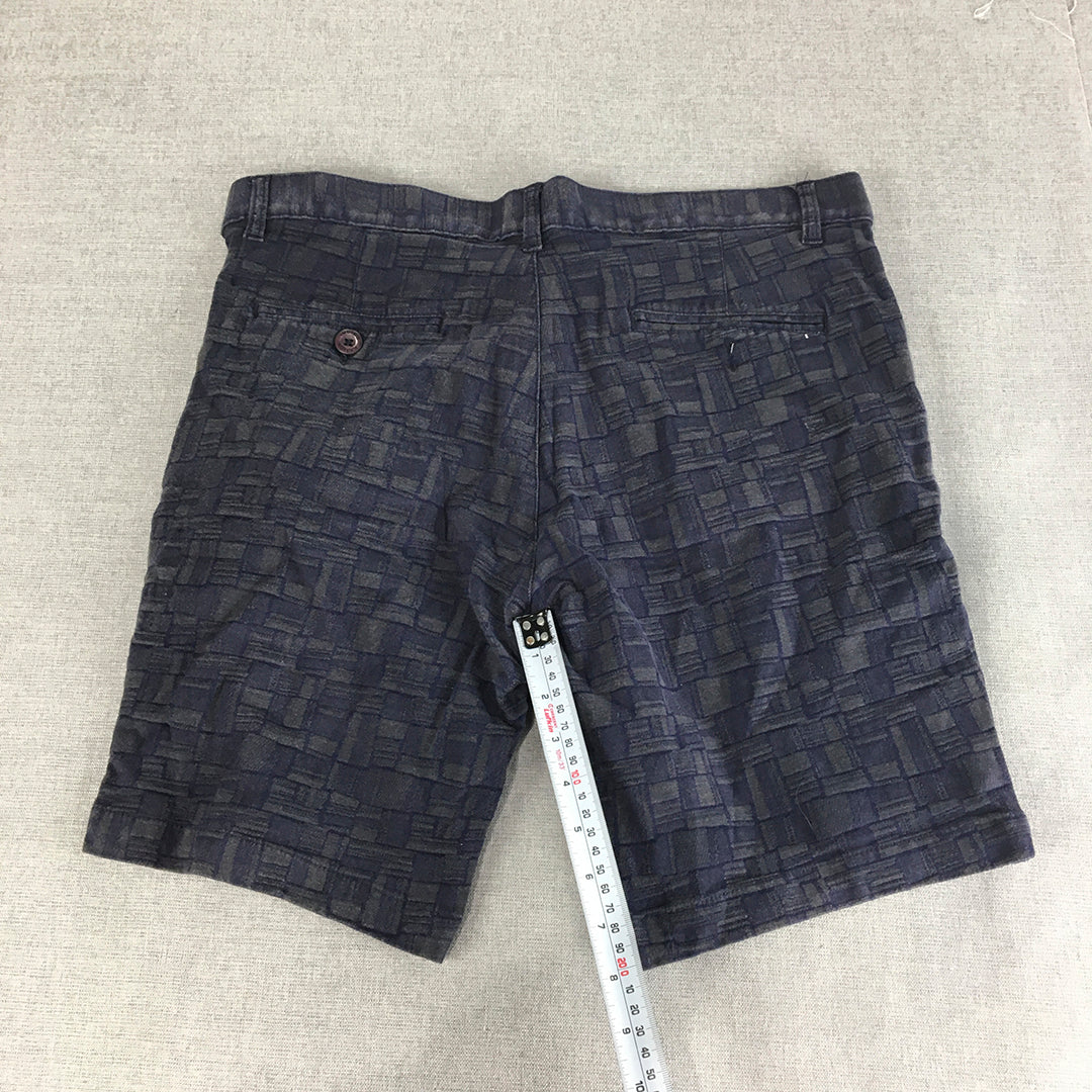 Indigo Nation Mens Chino Shorts Size 36 Slim Fit Blue Grey Geometric Pattern