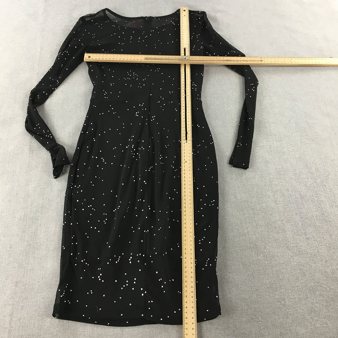 Blossom Womens Bodycon Dress Size 10 Black Dot Long Sleeve Mini