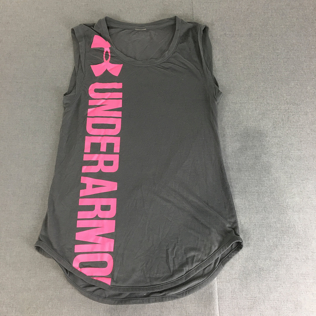 Under Armour Womens Tank Top Size S Grey Pink Big Logo Sleeveless Shirt