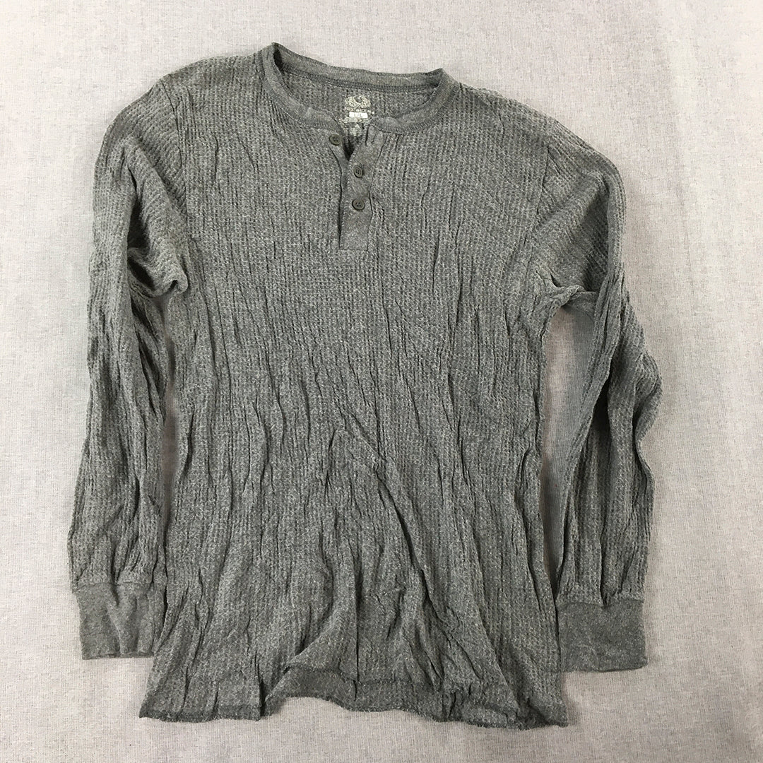 Fruit Of The Loom Womens Thermal Shirt Size L Grey Button Henley Long Sleeve