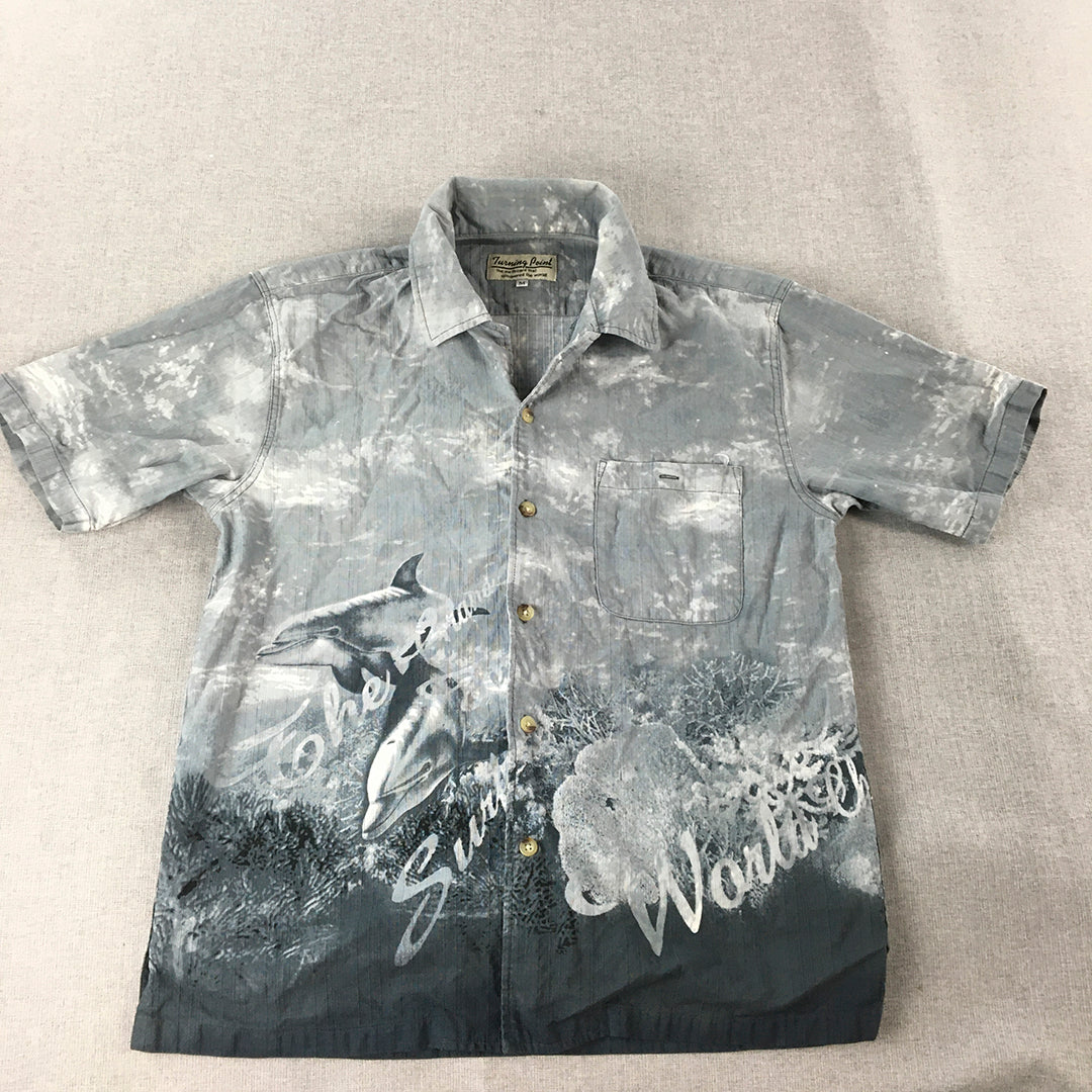 Vintage Turning Point Mens Shirt Size M Blue Dolphin Sea Hawaiian Full Print