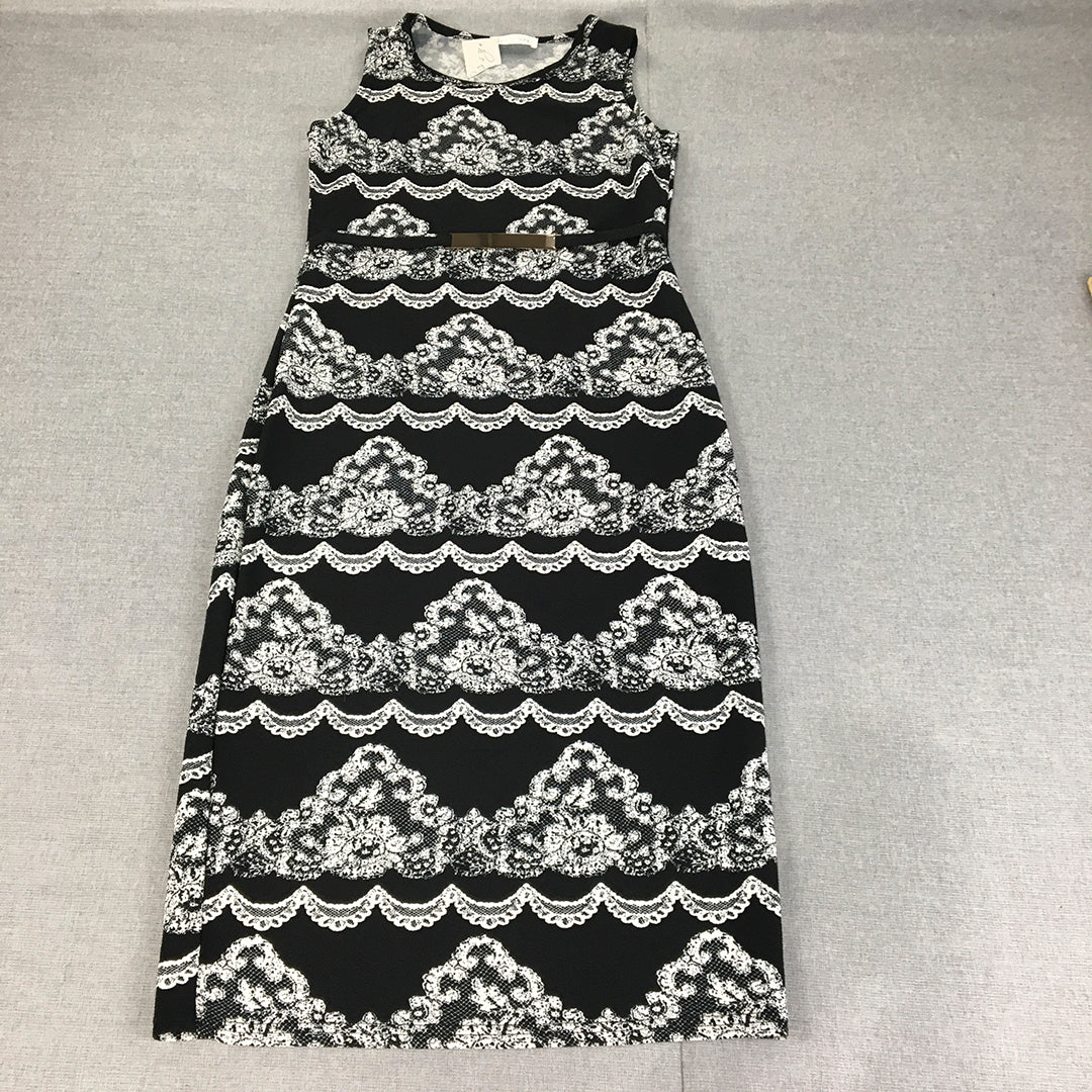 NEW Honey Lulu Womens Pencil Dress Size 8 Black White Floral Midi Sleeveless