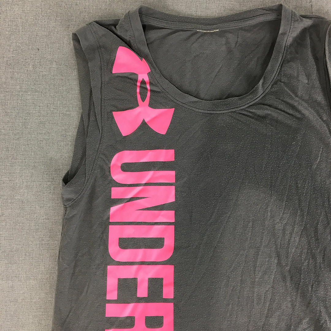 Under Armour Womens Tank Top Size S Grey Pink Big Logo Sleeveless Shirt