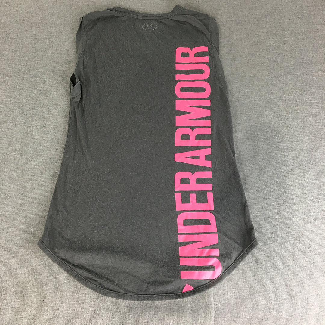 Under Armour Womens Tank Top Size S Grey Pink Big Logo Sleeveless Shirt