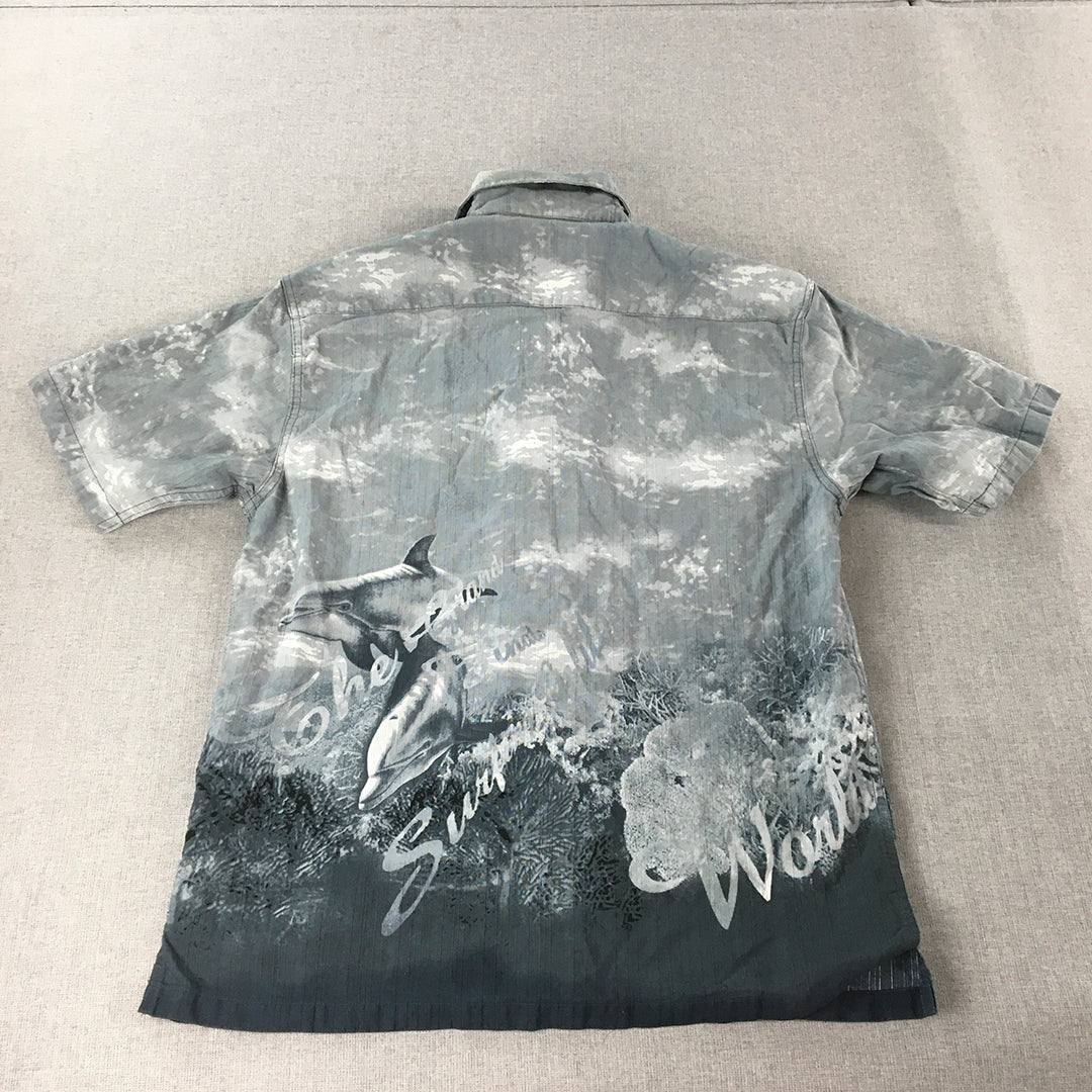 Vintage Turning Point Mens Shirt Size M Blue Dolphin Sea Hawaiian Full Print