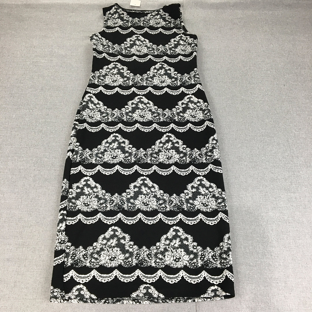 NEW Honey Lulu Womens Pencil Dress Size 8 Black White Floral Midi Sleeveless