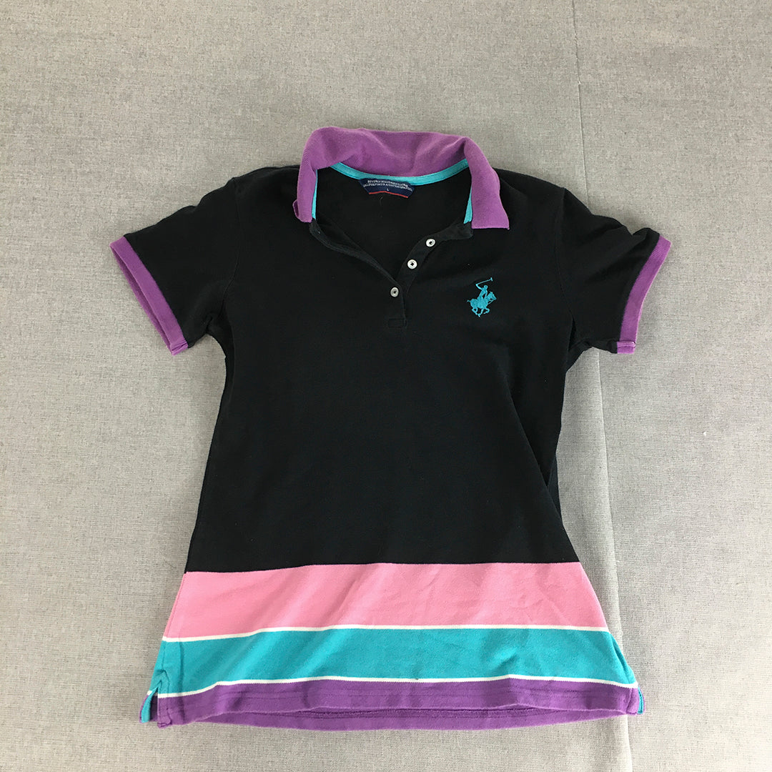 Beverly Hills Polo Club Womens Shirt Size L Black Purple Pink Logo Rugby