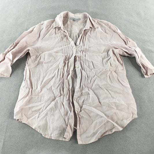 Resort Report Womens Linen Shirt Size 14 Pink Button-Up 3/4 Length Sleeves