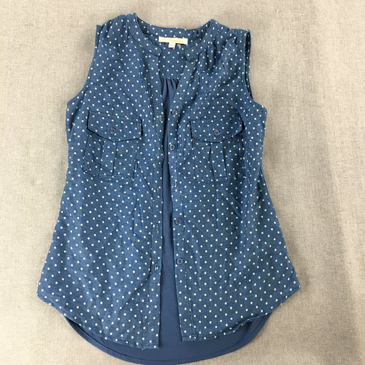 G Collection Womens Denim Shirt Size S Blue Polka Dot Sleeveless Button-Up