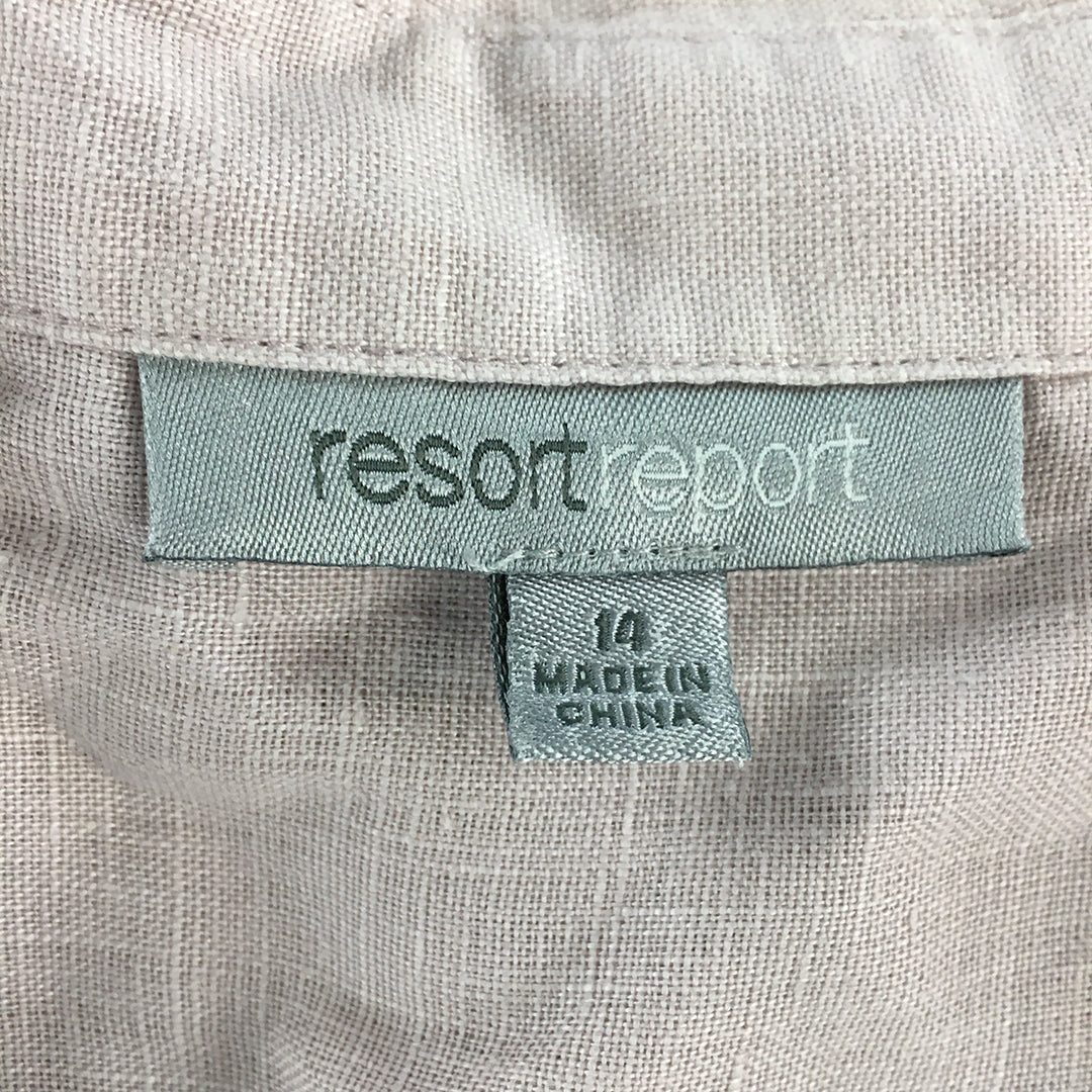 Resort Report Womens Linen Shirt Size 14 Pink Button-Up 3/4 Length Sleeves