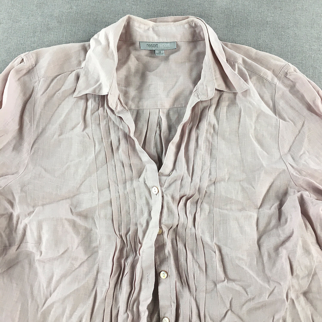 Resort Report Womens Linen Shirt Size 14 Pink Button-Up 3/4 Length Sleeves