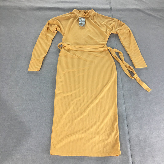 NEW Boohoo Womens Bodycon Dress Size 8 Yellow Stretch Knit Long Sleeve Midi