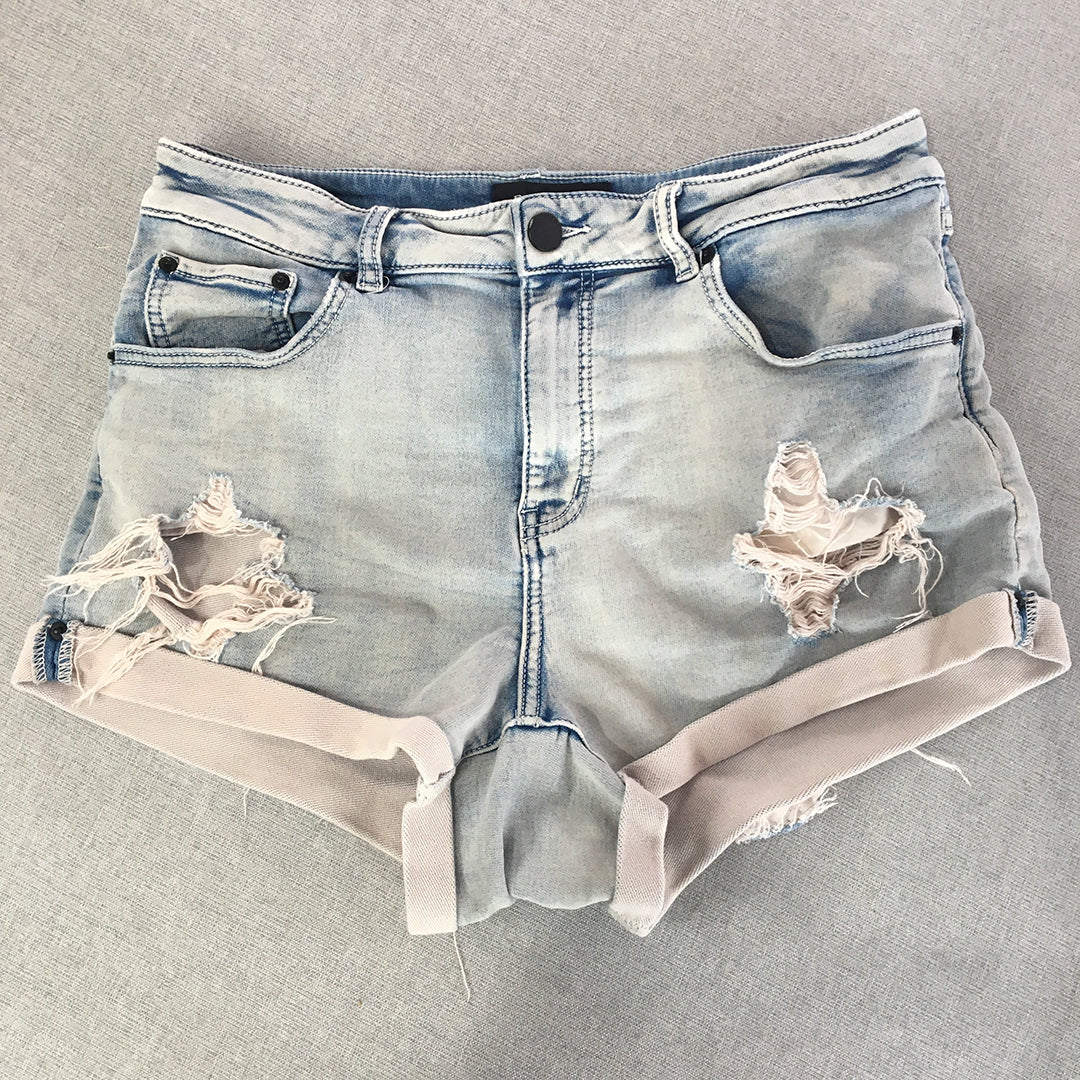 Decjuba Womens Denim Shorts Size 10 Blue Light Wash Ripped Bermuda