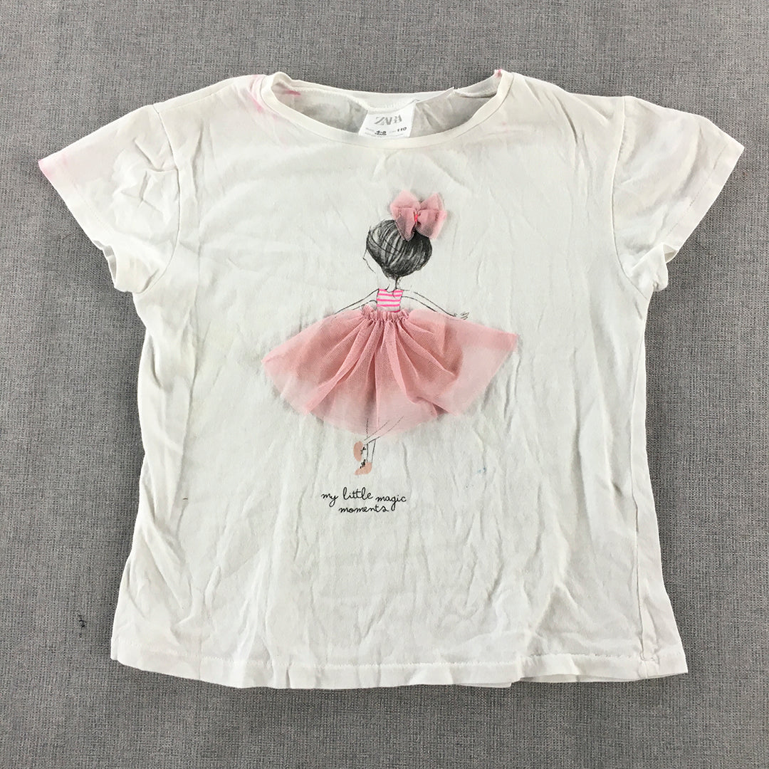 Zara Kids Girls T-Shirt Size 4 - 5 Years White Pink Bow Short Sleeve Top