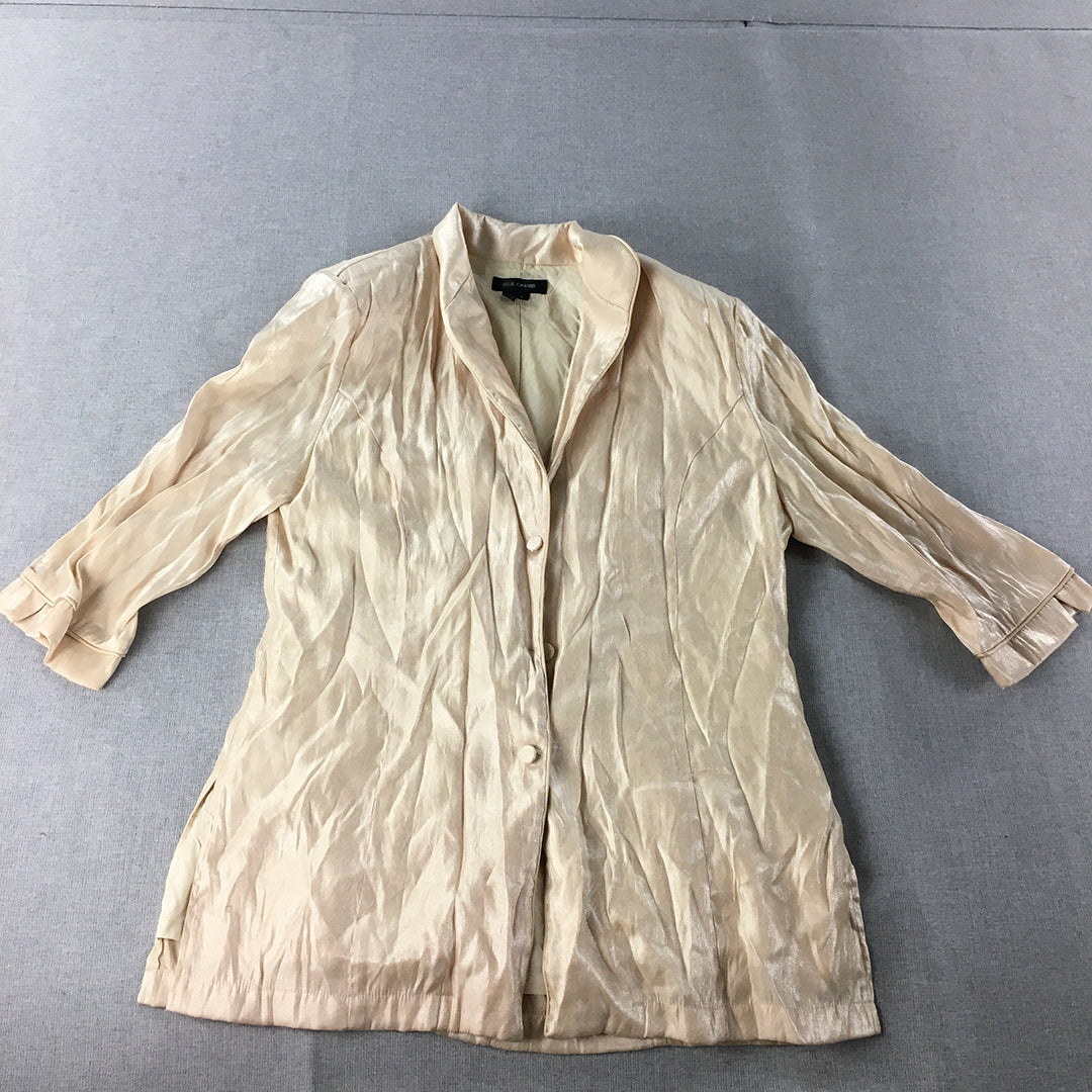 Silk Caress Womens Silk Blazer Jacket Size L Cream Beige Button Up Collared Coat