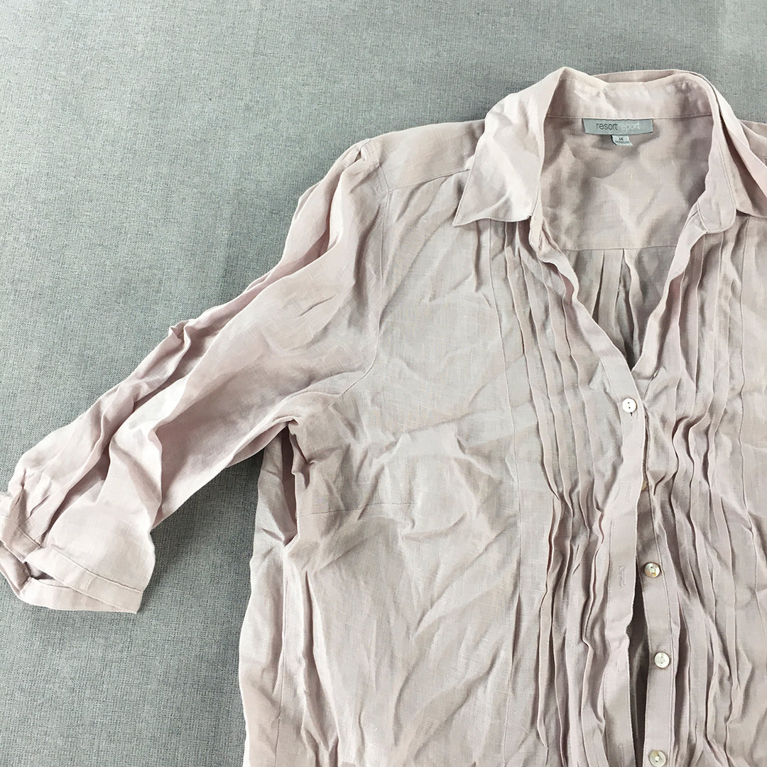 Resort Report Womens Linen Shirt Size 14 Pink Button-Up 3/4 Length Sleeves