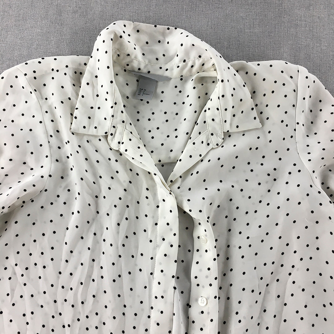 H&M Womens Top Size 2 White Polka Dot Long Sleeve Button-Up Shirt