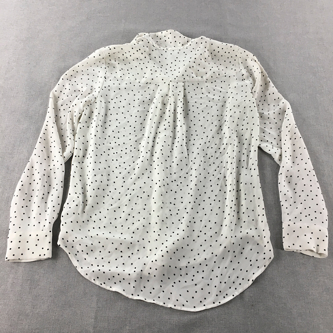 H&M Womens Top Size 2 White Polka Dot Long Sleeve Button-Up Shirt