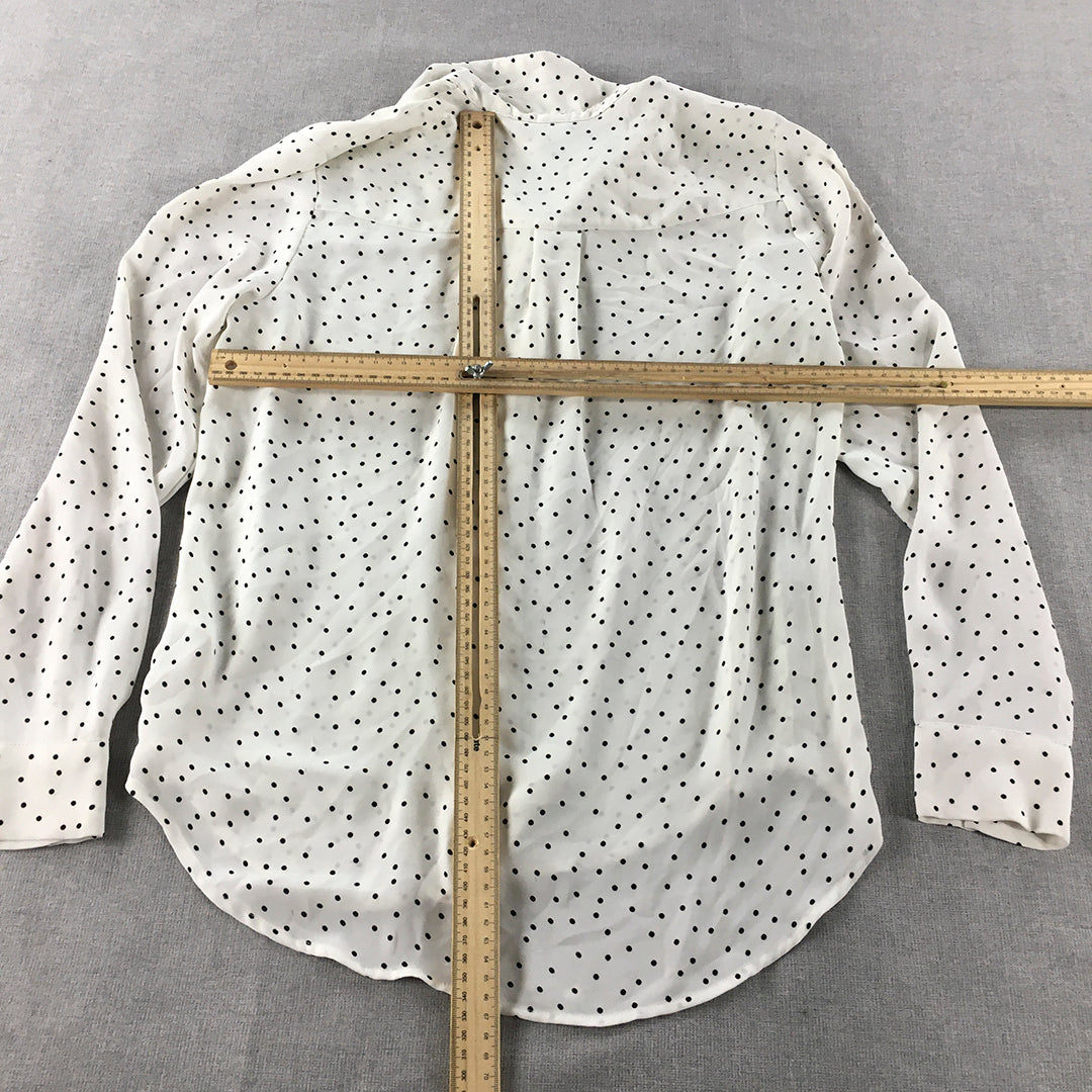 H&M Womens Top Size 2 White Polka Dot Long Sleeve Button-Up Shirt