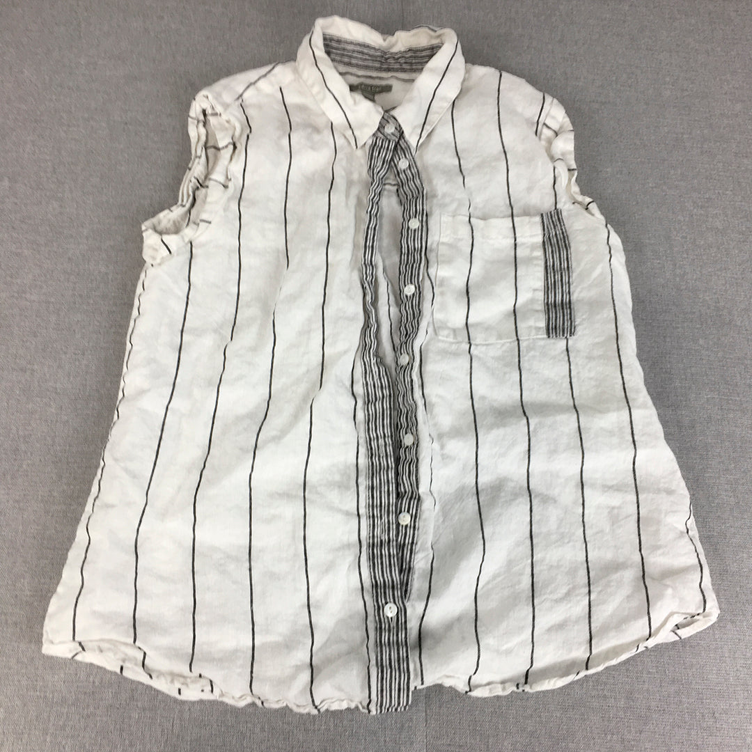 Yarra Trail Womens 100% Linen Shirt Size 10 P White Striped Button-Up Sleeveless