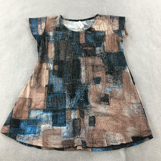 One One Womens Top Size L Brown Blue Abstract Geometric Blouse