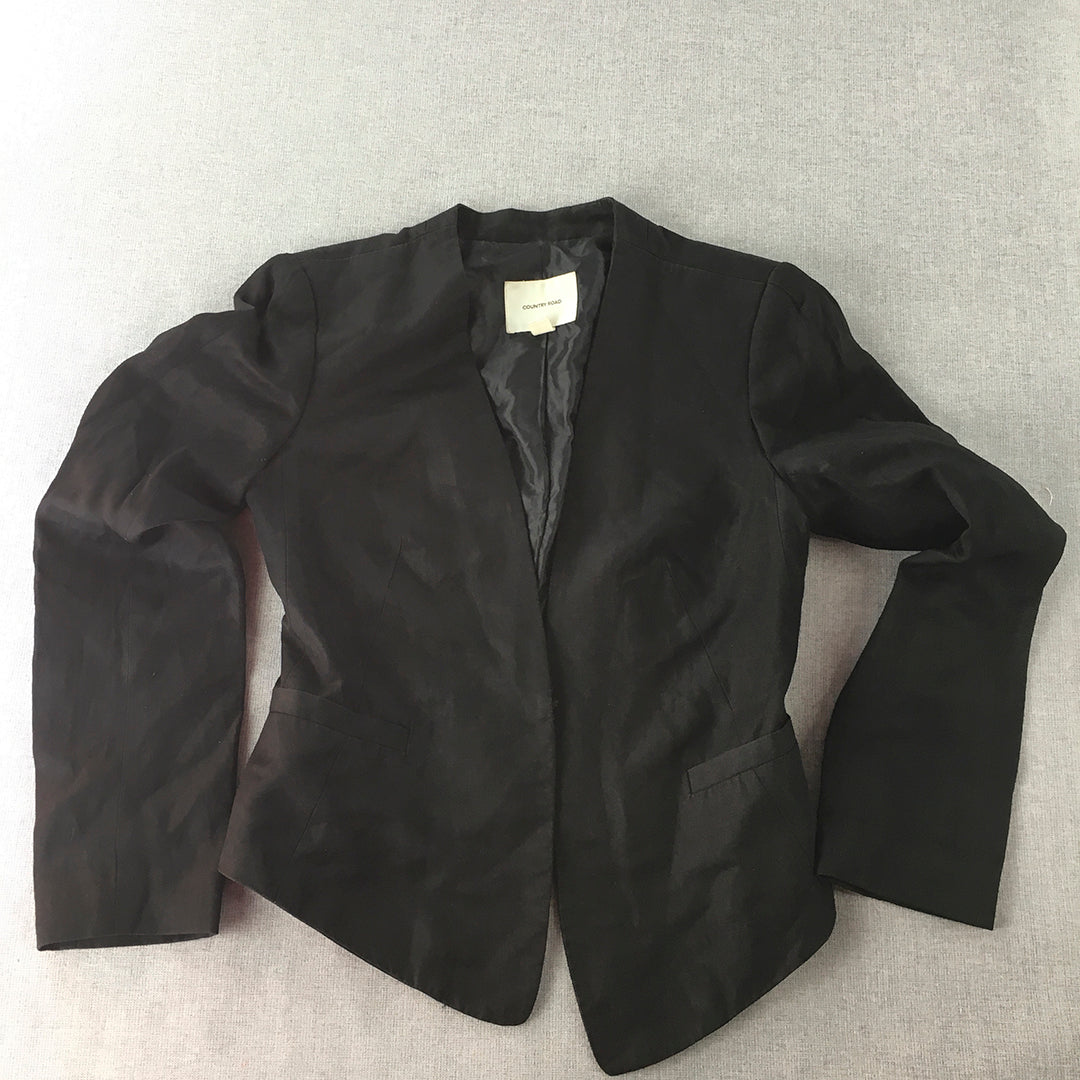 Country Road Womens Wool Linen Blend Blazer Jacket Size 6 Black Pockets Coat