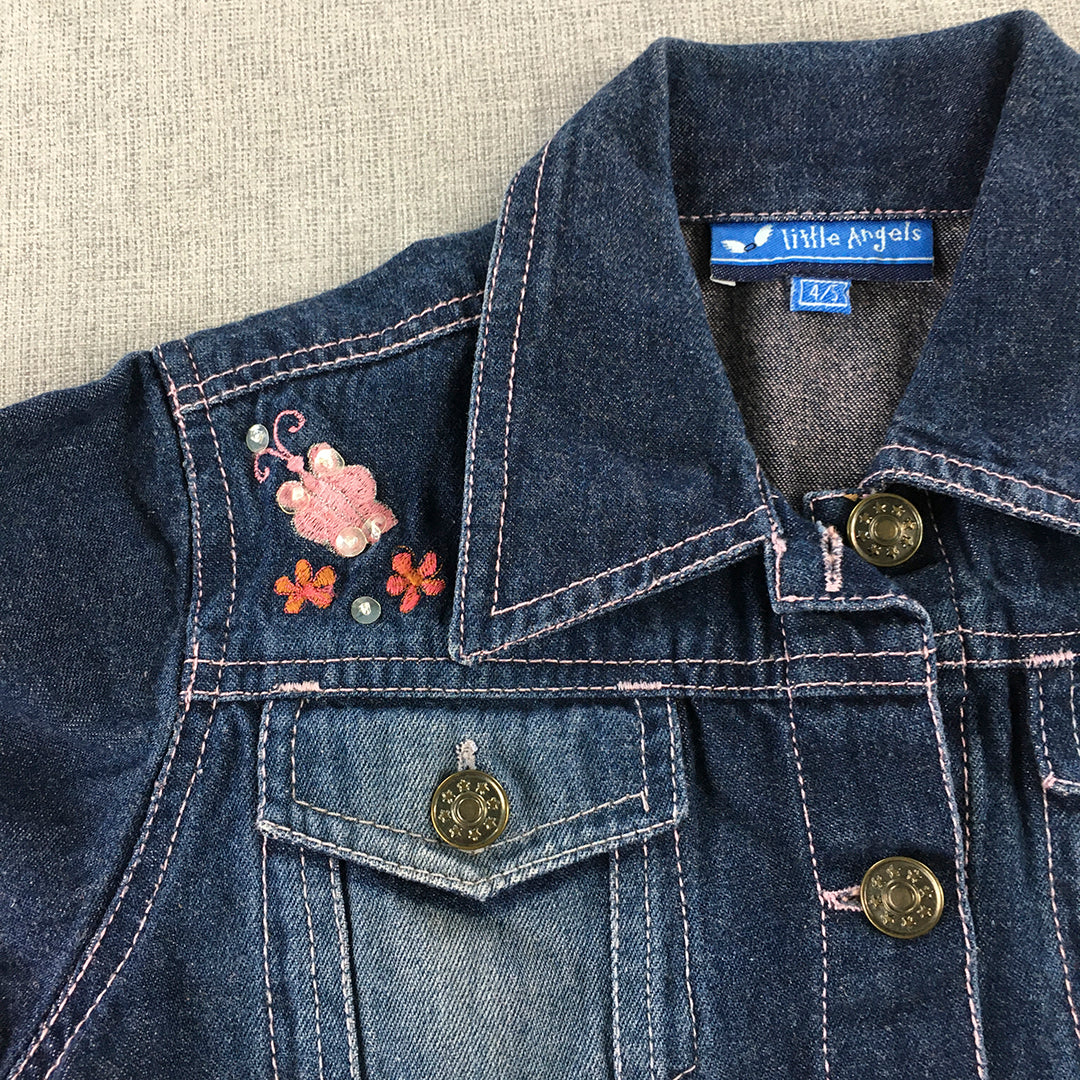 Little Angels Kids Girls Jean Jacket Size 4 - 5 Yrs Blue Floral Denim