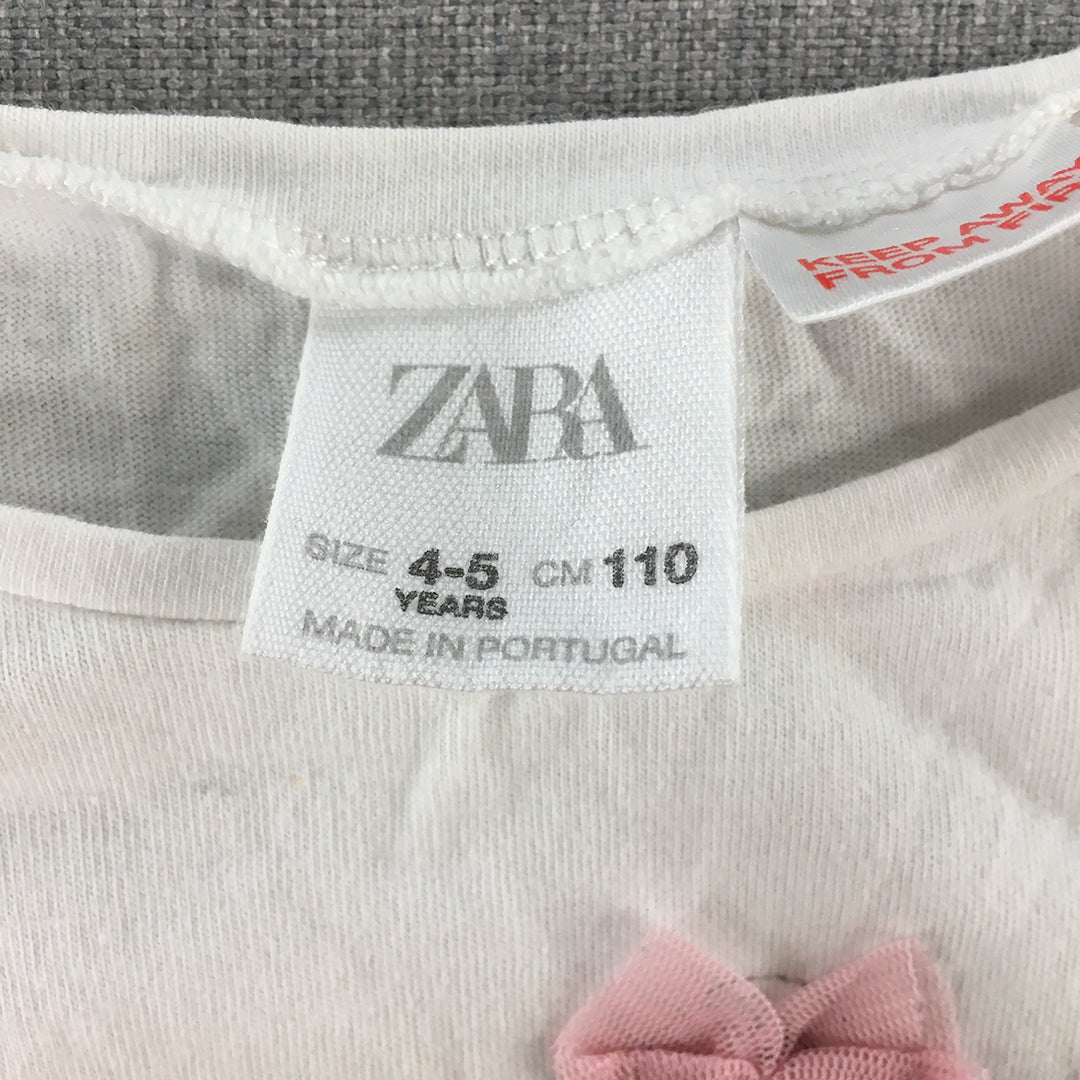 Zara Kids Girls T-Shirt Size 4 - 5 Years White Pink Bow Short Sleeve Top