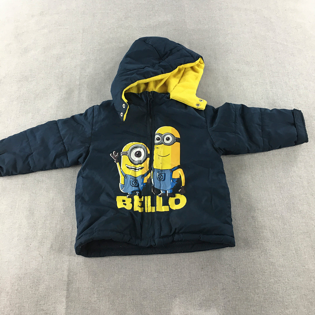 Minions Kids Boys Jacket Size 3 Navy Blue Zip-Up Windbreaker Hoodie Coat