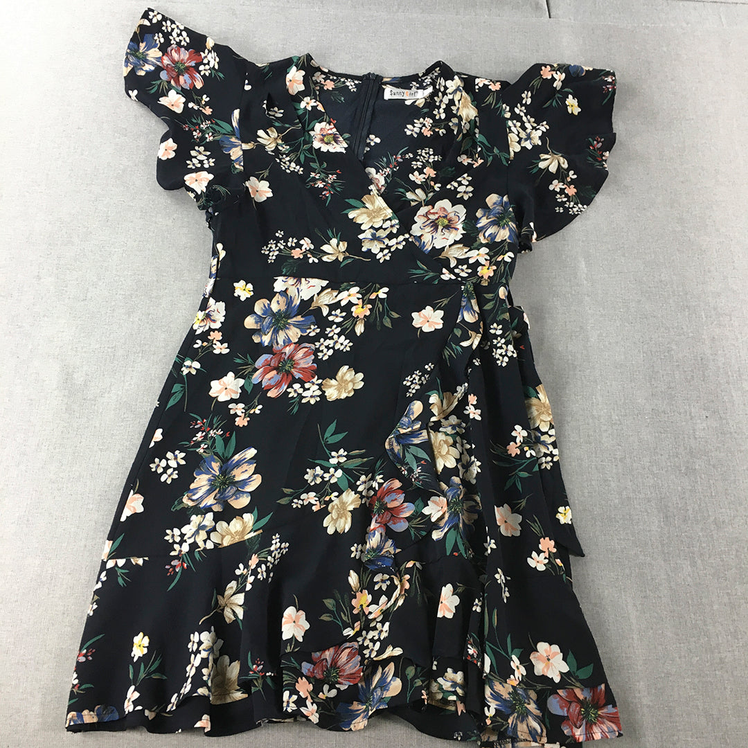 Sunny Girl Womens Mini Dress Size 12 Black Floral A-Line Surplice Neckline