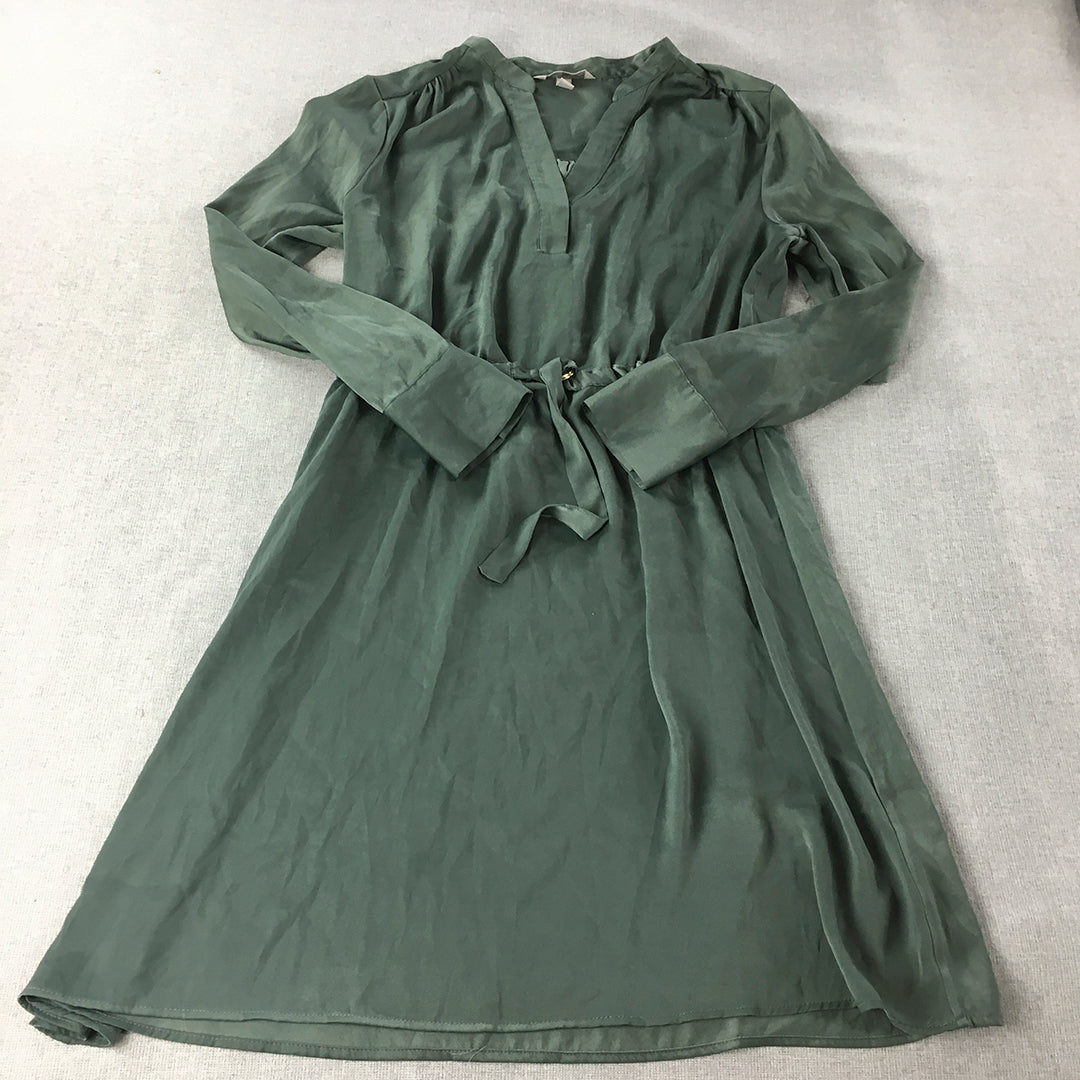 H&M Womens Mini Dress Size 14 Green Satin A-Line V-Neck Long Sleeve