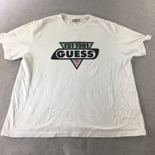 Vintage Guess Mens T-Shirt Size 2XL White Big Logo Short Sleeve Crew Neck