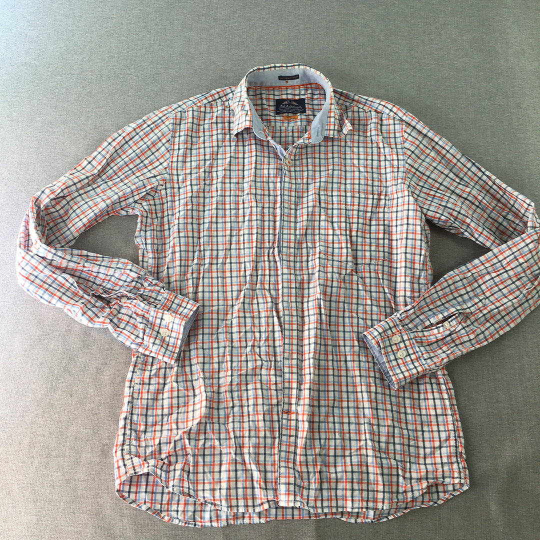 Mast & Harbour Mens Shirt Size S White Orange Blue Checkered Button-Up