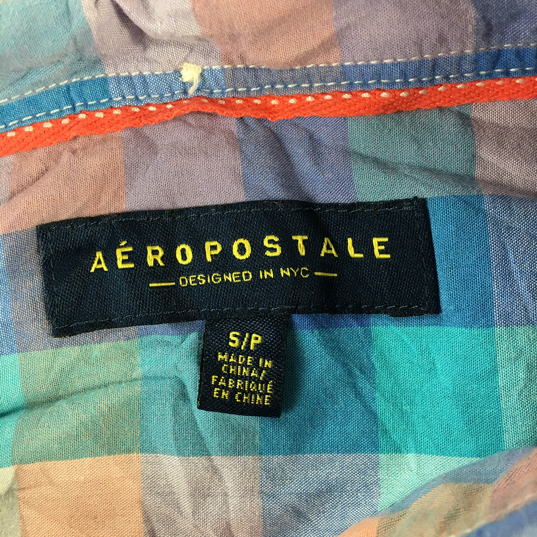 Aeropostale Mens Shirt Size S Blue Purple Pink Button-Up Short Sleeve Collared