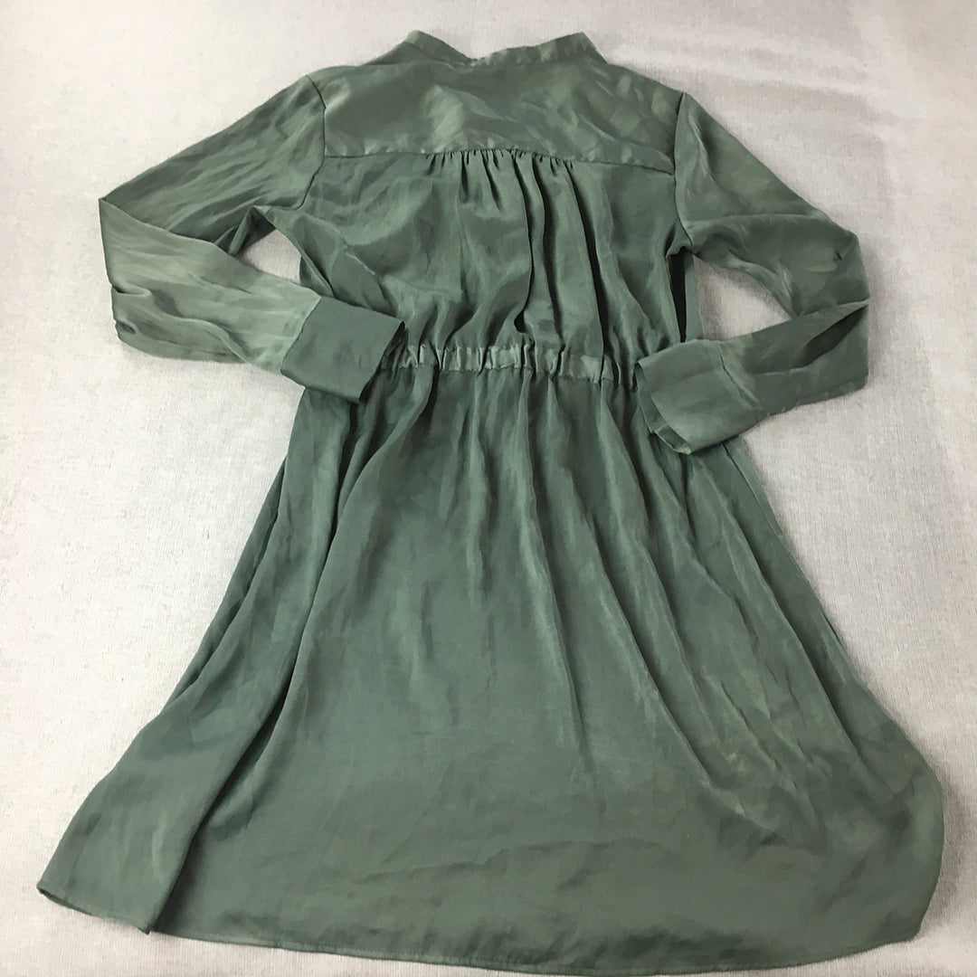 H&M Womens Mini Dress Size 14 Green Satin A-Line V-Neck Long Sleeve