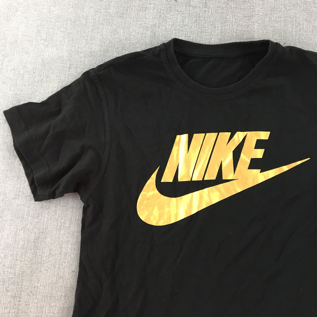 Nike Womens T-Shirt Size S Black Big Gold Logo Short Sleeve Top