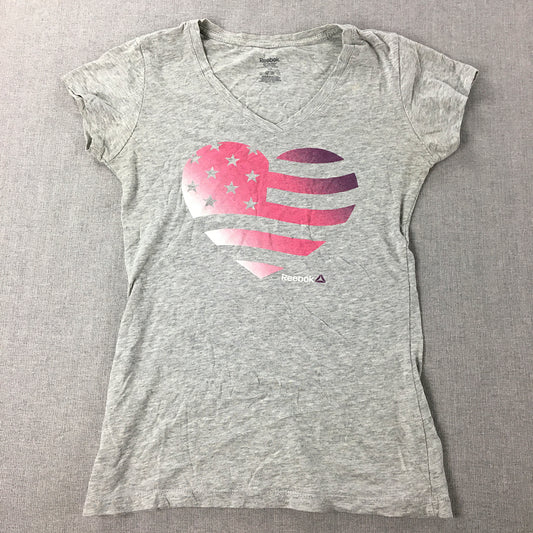 Reebok Womens T-Shirt Size XS Grey USA Flag Love Heart Logo Top